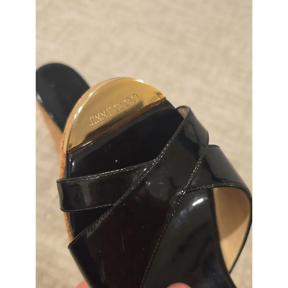 Jimmy Choo | Black Patent Cork Wedge Sandals